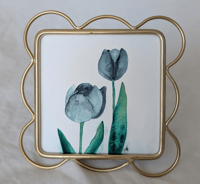 Tulipes bleues • Aquarelle originale encadrée