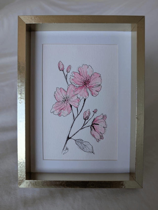 Fleurs de cerisier roses • Aquarelle originale encadrée