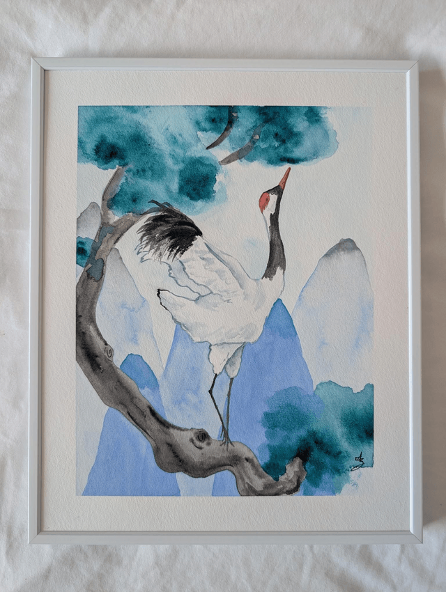 Grue blanche • Aquarelle originale encadrée