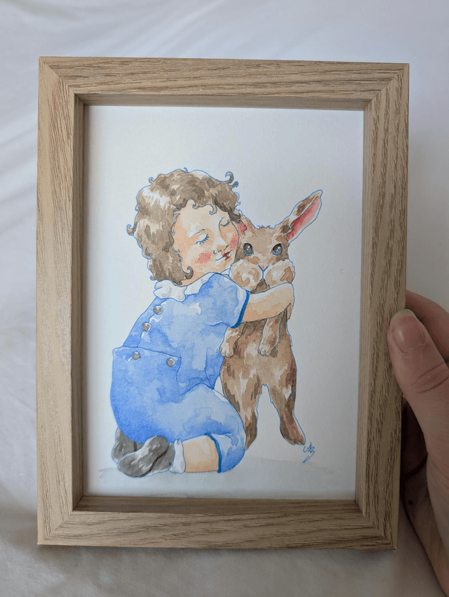 Enfant et lapin • Aquarelle originale encadrée