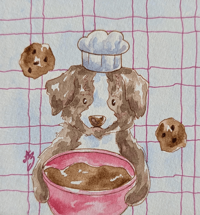 Chien pâtissier • Aquarelle originale encadrée